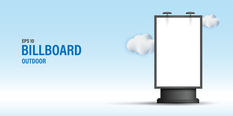 Outdoor Billboard Mockup Banner, Blank Vertical City Light Poster with Clouds for Advertising and Marketing Display, Real Estate Signage and Promotion Design Template on Blue Background.