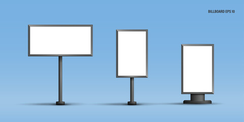 Outdoor Billboard Mockup Set, Blank Horizontal and Vertical Advertising Signage Templates, City Light Poster and Large Signboard Collection for Marketing Display on Blue Background Vector.