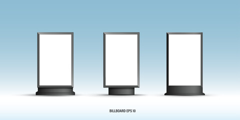 Outdoor Billboard Mockup Set, Blank Horizontal and Vertical Advertising Signage Templates, City Light Poster and Large Signboard Collection for Marketing Display on Blue Background Vector.