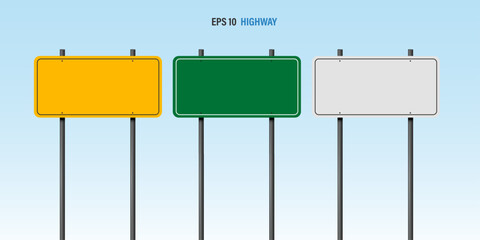 Yellow Highway Exit Sign Mockup with Blank Green and White Signboards, Empty Road Traffic Signage for Navigation and Business Destination Concept on Blue Background.
