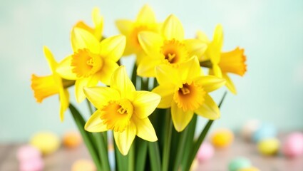 Vibrant yellow daffodils with bright green stems and pastel easter eggs on a soft mint background symbolizing springtime and renewal