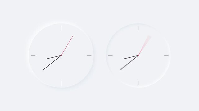 Bright white gradient buttons with watch clock arows. Neumorphic effect soft icons. Shaped figure in trendy soft 3D style. Circle ellipse