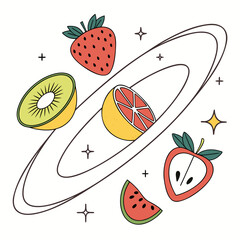 Fresh fruits in planetary orbit composition with kiwi strawberry apple watermelon and orange © Rifat