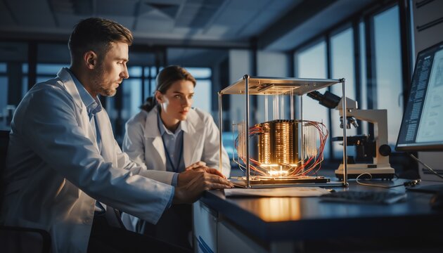 team of scientists working on quantum computer in high-tech laboratory