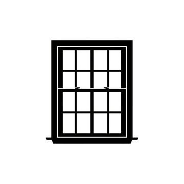 A black and white depiction of a double-hung window with a rectangular frame