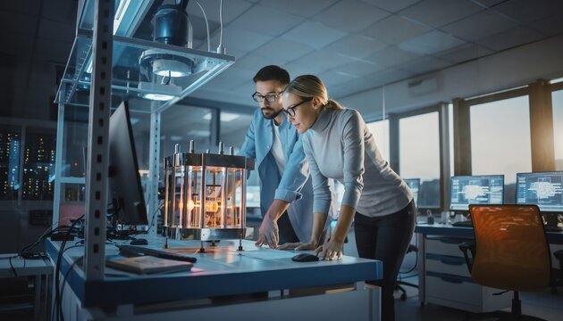 team of scientists working on quantum computer in high-tech laboratory