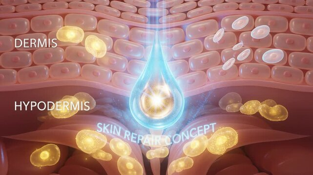 Skin repair concept showing epidermis dermis hypodermis layers with glowing serum drop penetrating skin stimulating cell renewal hydration