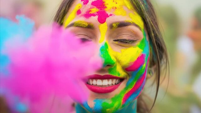 Young woman face covered in colorful powder paint, celebrating holi festival, smiling