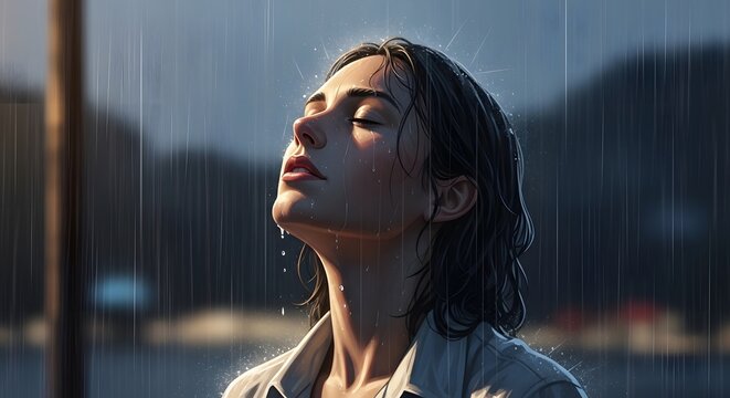 Young woman with eyes closed enjoying the feel of falling rain on her face in a serene outdoor setting