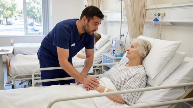 Young male nurse comforting elderly woman patient hospital ward bed showing compassionate care and calm reassurance while providing supportive