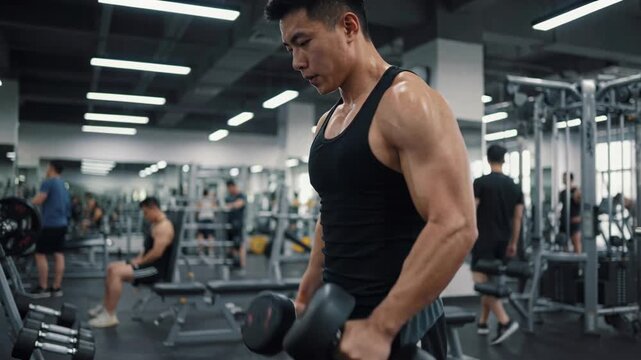 Muscular man muscular dumbbell gym workout bicep curl fitness strength training focused sweat lifting black tank top focused effort