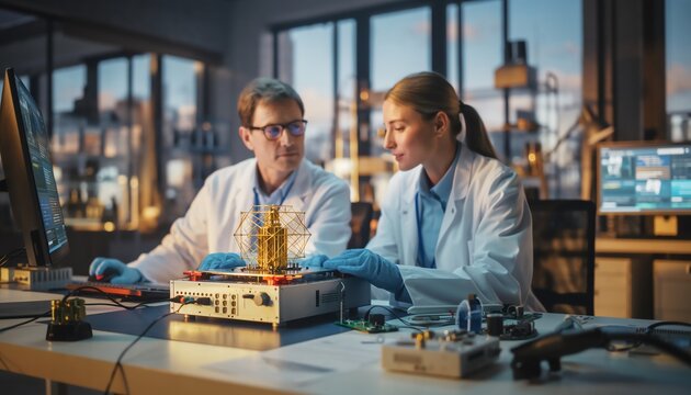 team of scientists working on quantum computer in high-tech laboratory