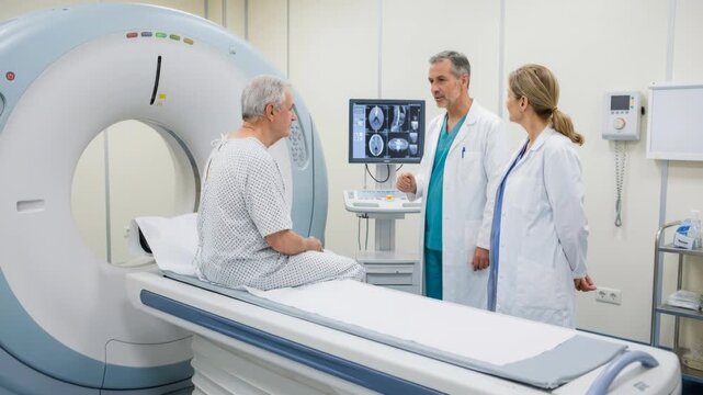 Elderly male patient consults with doctor and radiologist beside CT scanner in hospital diagnostic imaging room reviewing scans for clinical care
