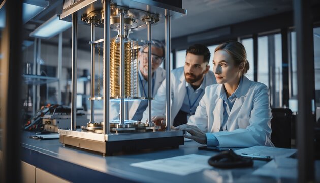 team of scientists working on quantum computer in high-tech laboratory