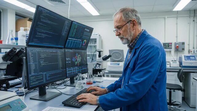 Senior scientist and elderly researcher laboratory computer with multiple monitors displaying molecular data, coding and research monitor while