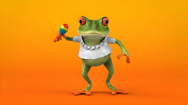 Funny Green Frog Character Dancing with Maracas on an Orange Background. Generative AI