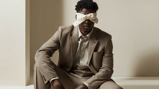 A refined fashion photo featuring a modestly dressed male model posed in a minimal environment, with a soft cloth tied over his eyes to conceal facial identity. Directional lighting