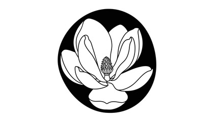 A stylized magnolia flower illustration within a black circle, minimalist and elegant © gudangPIXEL