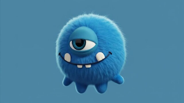 Cute Blue Fluffy One-Eyed Monster Character with Big Smile