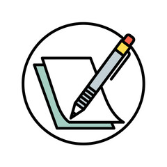 A pen poised above a notepad inside a circle, representing writing or note-taking