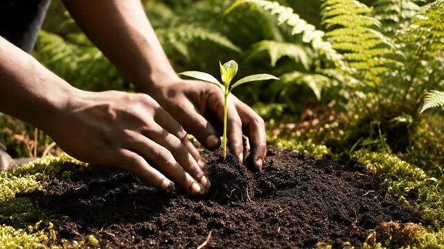 Hands Planting a Sapling - A person is shown gently planting a small sapling into the ground. The hands carefully pack the soil around the young plant, situated in a natural environment filled with