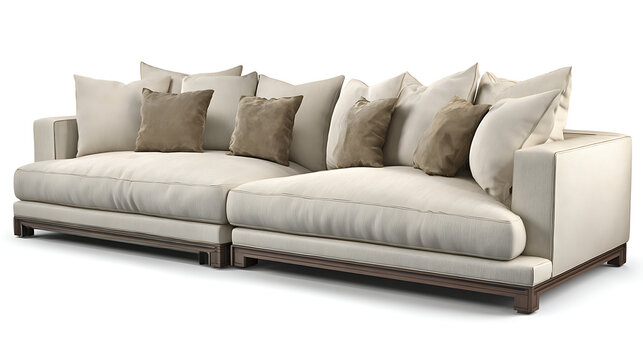 A white couch with brown pillows and a brown pillow on the left side