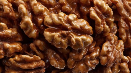 Fototapeta premium Golden-brown walnuts pile together, showcasing their unique shapes and textures. These nutritious nuts await roasting to elevate a variety of savory and sweet meals