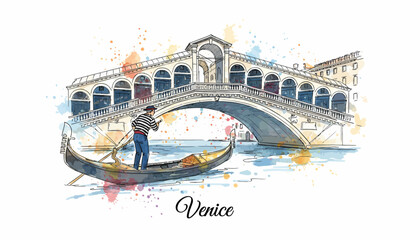 Vibrant watercolor illustration of the iconic Rialto Bridge and gondola navigating the canals of Venice, Italy. Beautiful European cityscape travel art © dale