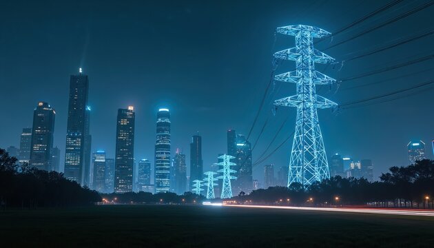 Neon blue transmission towers loom over a dark city skyline at night. High voltage powerlines connect illuminated skyscrapers. Energy grid infrastructure fuels urban development.