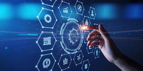 A hand interacts with a futuristic digital interface displaying various icons and gears in a technological environment from a close-up viewpoint.