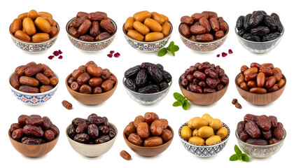 Colorful Assorted Dates in Decorative Bowls for Healthy Snack Display and Global Cuisine Theme
