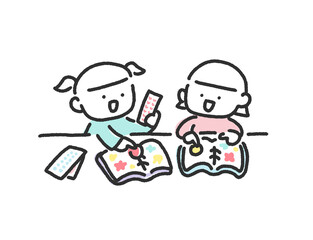 シール帳を使ってシール交換をする笑顔の2人の女の子のかわいい手描きの線画