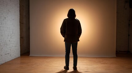 Obraz premium A solitary figure stands with their back to the illuminated by a spotlight in a studio