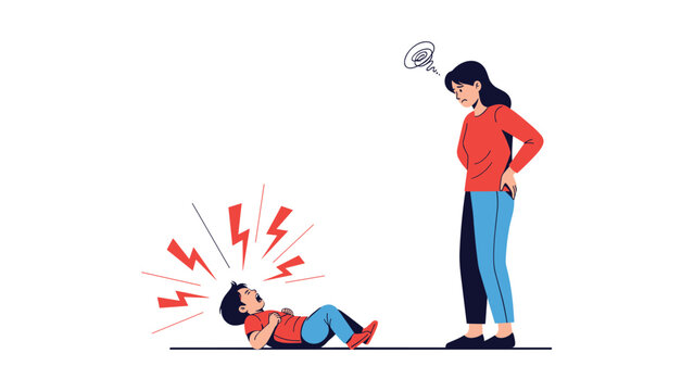 Young child lying on the floor having a loud temper tantrum while a frustrated mother stands over him feeling very stressed.
