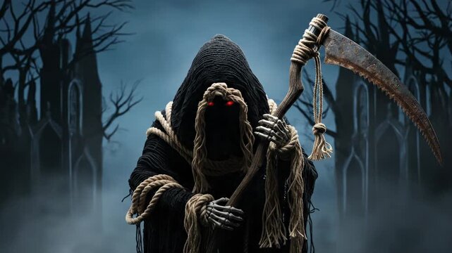 Grim Reaper with Scythe and Glowing Red Eyes, Dark Gothic Atmosphere, Cemetery Background