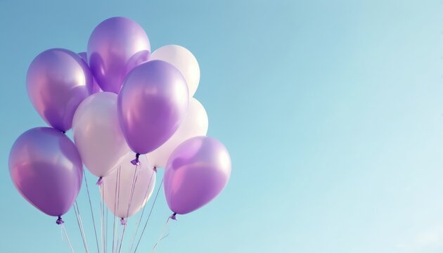 Purple and white balloons float in the clear blue sky. Helium filled orbs ascend, creating a festive atmosphere for celebrations and parties. Minimalist backdrop for joy and lightness.