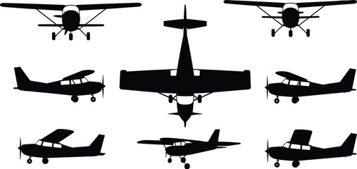 Airplane silhouettes, small aircraft, light planes, aviation icons, flight training, recreational flying, general aviation, aircraft design, black artwork illustration, symmetrical layout