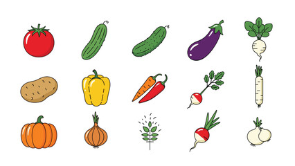 Fototapeta premium Collection of vegetable icons including tomato, cucumber, eggplant, potato, pepper, carrot, radish, onion, and wheat on a white background.