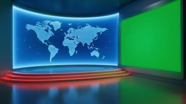 News studio with world map display on blue screen and green chroma key in modern futuristic lighting for broadcasting
