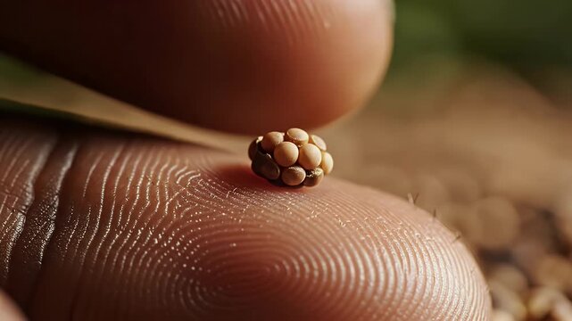 Close-up of Brochosomes on Finger - This macro shot shows brochosomes, tiny, intricately structured particles secreted by leafhoppers, resting on the skin of a human finger.