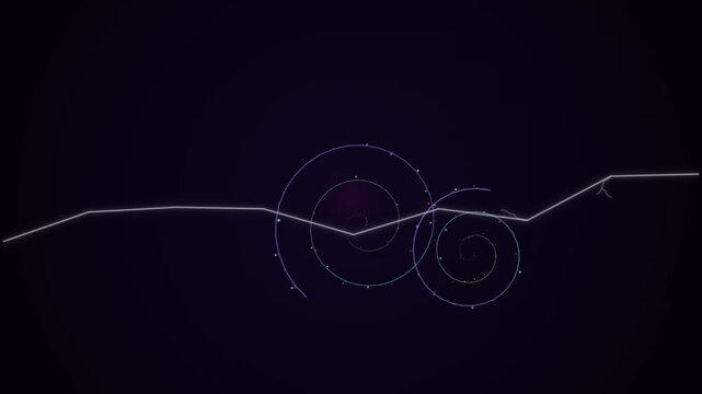 A stylized purple and grey infographic showcasing a complex data path with circular elements and interconnected lines on a dark background, representing intricate information flow