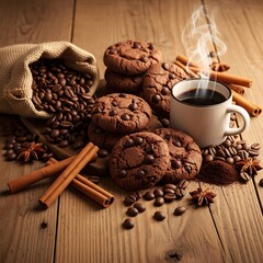 Warm cup of coffee with chocolate chip cookies and cinnamon sticks on wood.