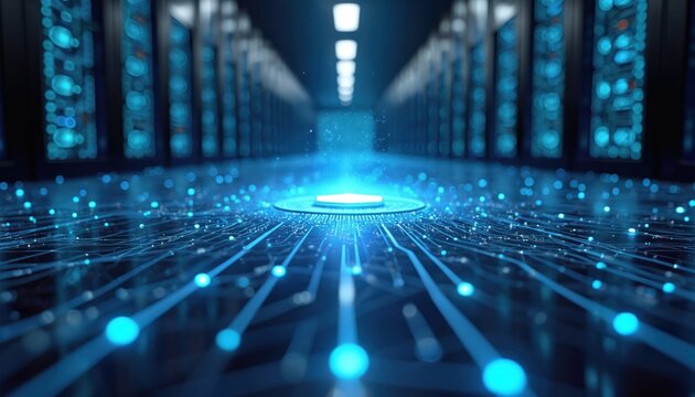 Digital abstract of glowing circuits, server racks in data center. Futuristic blue light streams symbolize data flow, AI processing. Technology infrastructure shows complex network connections,
