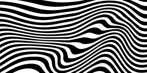 Abstract Halftone Black and White Wavy Lines Textured Background with 3D Illusion and Twisting Movement Effect. Vector Op Art Illustration.