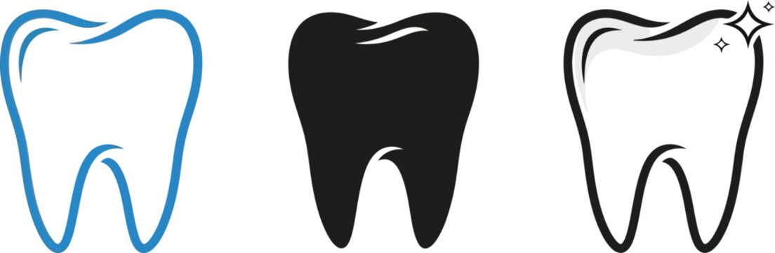 Collection of three stylized tooth graphics representing dental care and hygiene including a blue outline a solid black silhouette and a sparkling clean white tooth