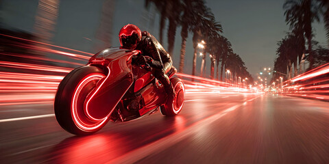 Obraz premium Neon Velocity: Red Light on the Night Road, ai generated.