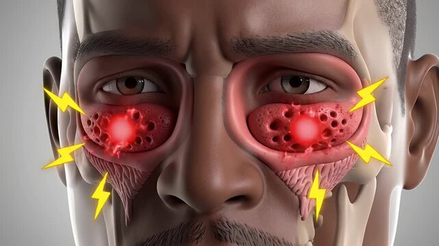 Sinus Infection Anatomy Illustration - An illustration showing the inflammation of sinuses and sinus pain in a human head.