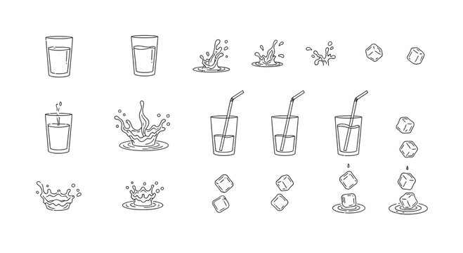 Hand-drawn Ice Cubes and Water Splashes in Glasses, Animation Frames