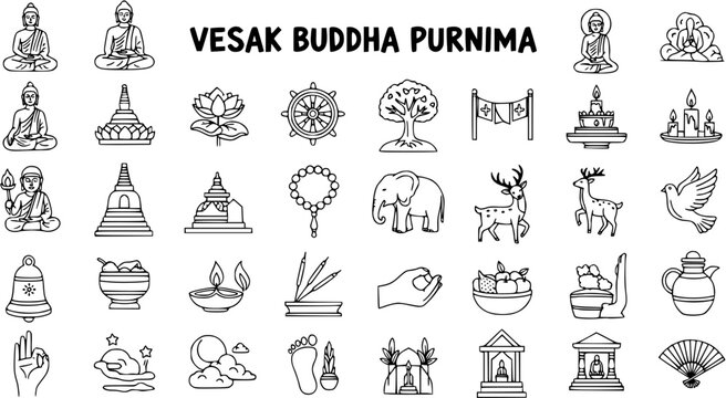 Vesak Buddha Purnima Icons: Line Art Collection of Buddhist Symbols and Deities for Religious Celebrations