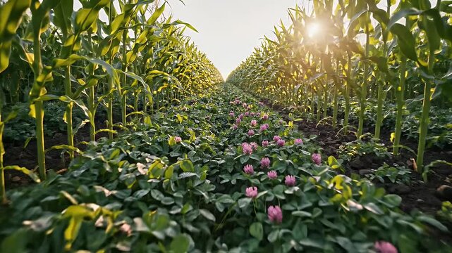 Cornfield with Clover Groundcover - This video shows rows of corn stalks flanking a bed of clover. The clover is blooming with small pink flowers, creating a colorful contrast to the green corn.